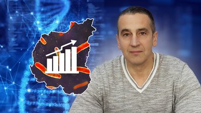 Колаж, на якому зображена карта області, бактерії та Олександр Чепурний