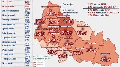 На Закарпатті за добу виявили понад 200 випадків COVID-19