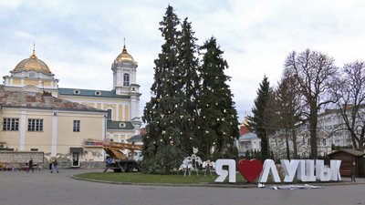 Ялинки в Луцьку, тріо ялинок у Луцьку, прикрашають ялинки на Театральному майдані