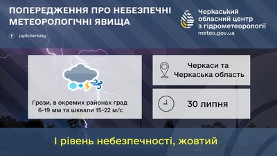 Погіршення погоди 30 липня: на Черкащині прогнозують грози, шквали та град Погіршення погоди 30 липня: на Черкащині прогнозують грози, шквали та град