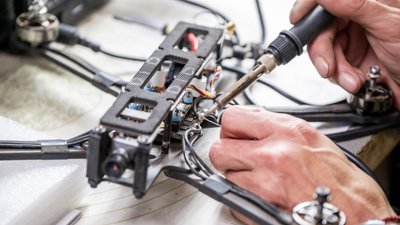 Фахівець паяє FPV-дрон в майстерні
