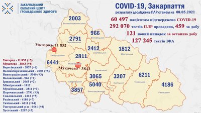 На Закарпатті за добу підтвердили 121 випадок COVID-19. Одна людина померла На Закарпатті за добу підтвердили 121 випадок COVID-19. Одна людина померла