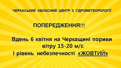 Черкащан попереджають про пориви вітру