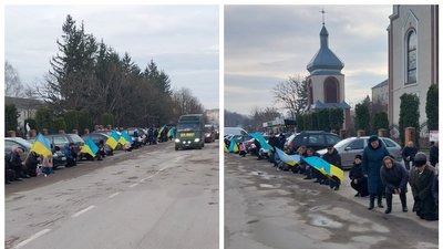Зустріч тіла Володимира Ростковича біля церкви Верховних Апостолів Петра і Павла в Борщеві на Тернопільщині