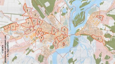 Схема 18-ти санітарних зон у місті Кременчук Схема 18-ти санітарних зон у місті Кременчук