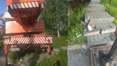 У Рівному автокран виїхав на тротуар. Водій каже – "підрізали" У Рівному автокран виїхав на тротуар. Водій каже – "підрізали"