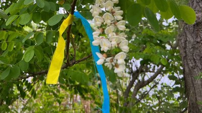 Херсонець шиє патріотичні стрічки та розвішує їх по місту Херсонець шиє патріотичні стрічки та розвішує їх по місту