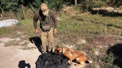 Кінолог із собакою перевіряють речі на блокпосту