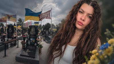 Олена Овчаренко на фоні могили колишнього чоловіка, до якого їздить у Суми
