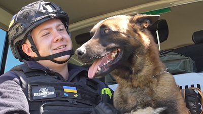 Розмінувальник Андрій Балашов разом з собакою-сапером Квадом Розмінувальник Андрій Балашов разом з собакою-сапером Квадом