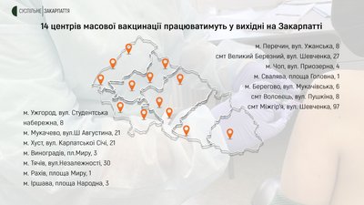 Вихідними на Закарпатті працюватимуть 14 центрів масової вакцинації проти СOVID-19 Вихідними на Закарпатті працюватимуть 14 центрів масової вакцинації проти СOVID-19