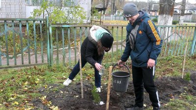 На подвір'ї пошкодженої школи в Свесі на Сумщині висадили дерева На подвір'ї пошкодженої школи в Свесі на Сумщині висадили дерева