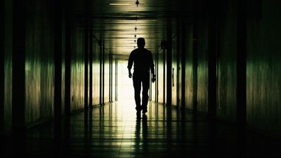 Людина йде коридором у напівтемряві