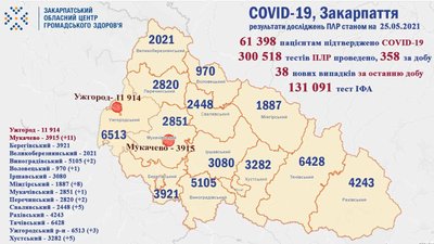 На Закарпатті зафіксували 38 нових випадків COVID-19 На Закарпатті зафіксували 38 нових випадків COVID-19