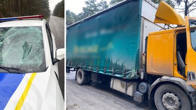 На Рівненщині брила льоду впала з вантажівки на поліцейське авто, травмувались двоє інспекторів