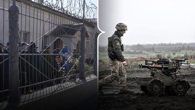 Колаж: зліва — засуджені біля Сокирянської виправної колонії, справа — військовий