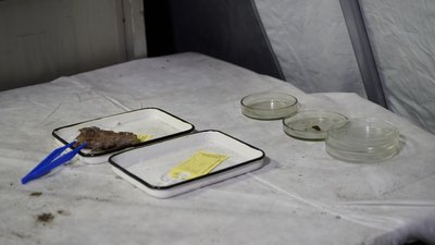 Намет, де працюють з трупами росіян Намет, де працюють з трупами росіян