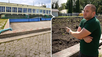 Чаша колишнього басейну біля стадіону "Буковина" та директор стадіону Микола Гуцкал