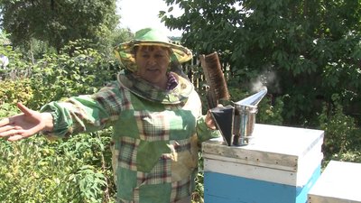 Зоя Сахно обкурює вулики деревним димом Зоя Сахно обкурює вулики деревним димом