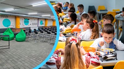 Шкільне укриття та учні під час обіду в їдальні