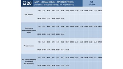 Графік руху автобуса №20 на 31 грудня Графік руху автобуса №20 на 31 грудня