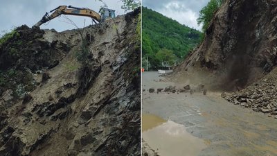 На Закарпатті розбивають скелю, щоб розширити дорогу