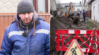 Ліворуч — працівник Чернівціводоканалу Павло Петришин та праворуч — ремонтні роботи
