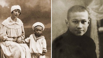 Зліва - Володимир Челомей з матір'ю Євгенією. Зправа - Володимир Челомей в семирічній трудовій школі № 10 Зліва - Володимир Челомей з матір'ю Євгенією. Зправа - Володимир Челомей в семирічній трудовій школі № 10