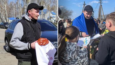 Звільненого з полону Олександра Кащука зустріли місцеві у селі Гільча Перша