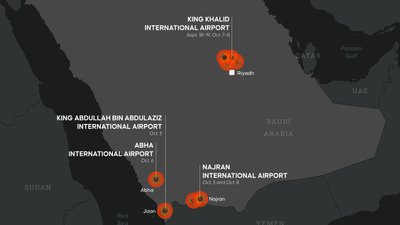 Мапа атакованих аеропортів Саудівської Аравії