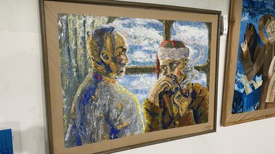 Картина "Козаки". В Будинку офіцерів флоту відкрили виставку робіт "Жовто-блакитні" вихованців художньої школи. На заході представили малюнки та фігури, виконані в різних техніках та стилях, від колажів на мішковині до полімерної глини Картина "Козаки". В Будинку офіцерів флоту відкрили виставку робіт "Жовто-блакитні" вихованців художньої школи. На заході представили малюнки та фігури, виконані в різних техніках та стилях, від колажів на мішковині до полімерної глини