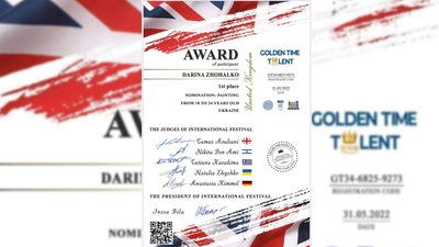 18-річна чернігівка перемогла на міжнародному конкурсі "Golden time talent", який проходив у Великобританії. 18-річна чернігівка перемогла на міжнародному конкурсі "Golden time talent", який проходив у Великобританії.