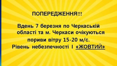 "Жовте" попередження: на Черкащині прогнозують пориви вітру