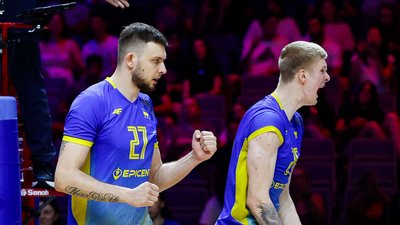 Віталій Щитков і Максим Тонконог у матчі Україна - Німеччина у Лізі націй-2026 з волейболу