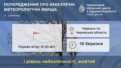 Перший рівень небезпечності: на Черкащині прогнозують шквали Перший рівень небезпечності: на Черкащині прогнозують шквали
