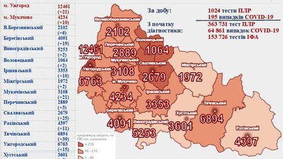 На Закарпатті за добу виявили 195 випадків COVID-19 На Закарпатті за добу виявили 195 випадків COVID-19