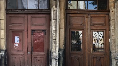 Брама до та після реставрації