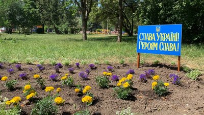 Мапа України зі синіх та жовтих квітів: у Тернополі організували акцію до Дня біженців