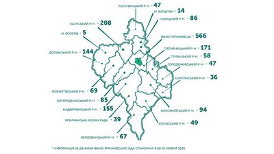 COVID-19 на Франківщині. Географія хворих по районах. 19 червня COVID-19 на Франківщині. Географія хворих по районах. 19 червня