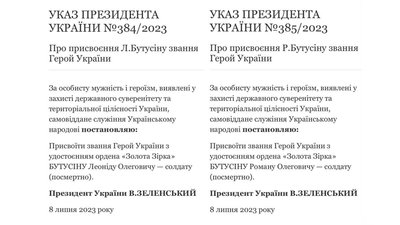 Роману та Леоніду Бутусіним присвоїли звання Героїв України посмертно. Відповідні накази опубліковані на сайті Президента Роману та Леоніду Бутусіним присвоїли звання Героїв України посмертно. Відповідні накази опубліковані на сайті Президента