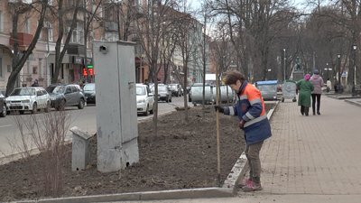 Комунальники садять рослини біля театру імені Гоголя Комунальники садять рослини біля театру імені Гоголя