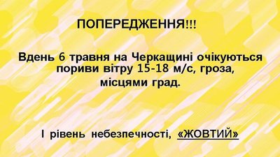 "Жовте" попередження: черкащан попереджають про грози, град та шквальний вітер "Жовте" попередження: черкащан попереджають про грози, град та шквальний вітер