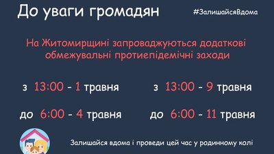 1 до 4 травня на Житомирщині введуть обмеження на пересування 1 до 4 травня на Житомирщині введуть обмеження на пересування