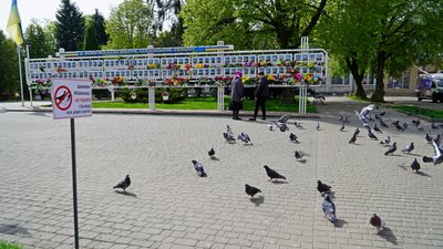 Площа у Володимирі, де встановлений фотостенд пам'яті зі світлинами загиблих бійців