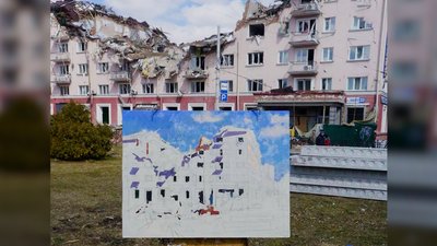 У Чернігові під час війни художник пише картини руїн з натури У Чернігові під час війни художник пише картини руїн з натури