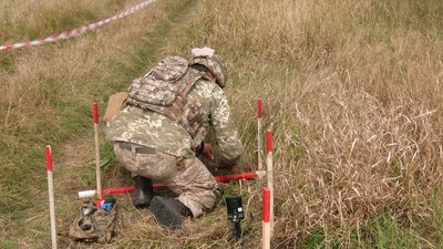 Сапер зрізає траву ножицями на Чернігівщині Сапер зрізає траву ножицями на Чернігівщині