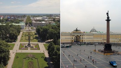 Зліва - Корпусний сад у Полтаві, зправа - Двірцева площа у Санкт-Петербурзі Зліва - Корпусний сад у Полтаві, зправа - Двірцева площа у Санкт-Петербурзі