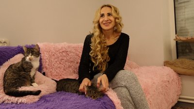 Наталя Попиченко - одна із засновниць будинку для безпритульних котиків, поруч Тигрюся та Фінік Наталя Попиченко - одна із засновниць будинку для безпритульних котиків, поруч Тигрюся та Фінік