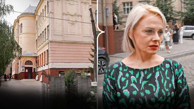 Колаж: зліва — Чернівецький ліцей №12, справа — директорка ліцею Руслана Бабух