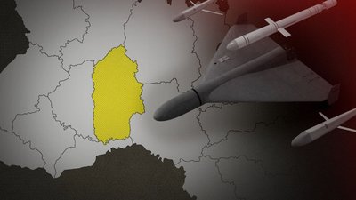 Ілюстрація мапи України з акцентом на Хмельниччину та російських повітряних цілей
